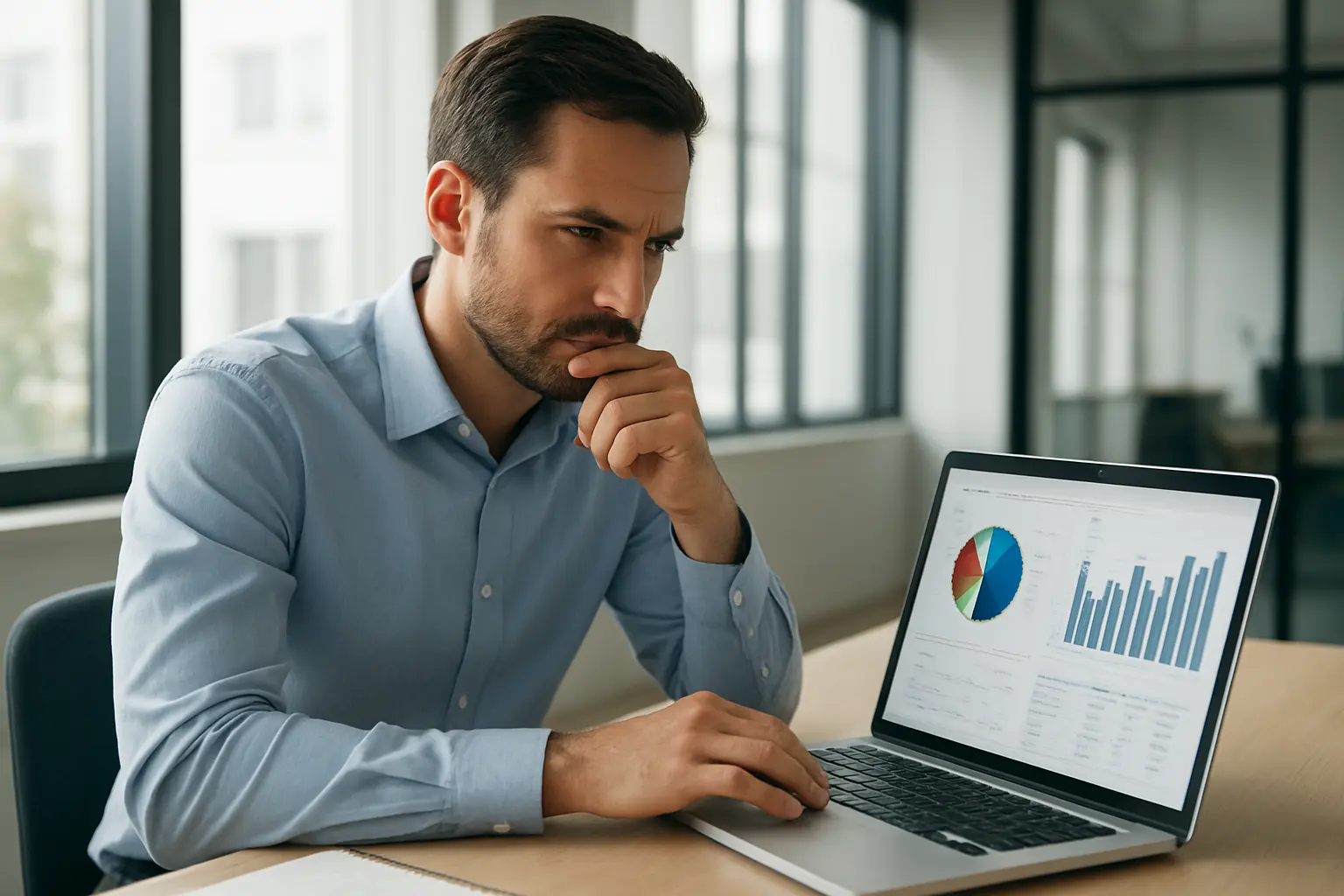 Profissional a analisar dados internos da empresa num computador portátil, contexto de escritório