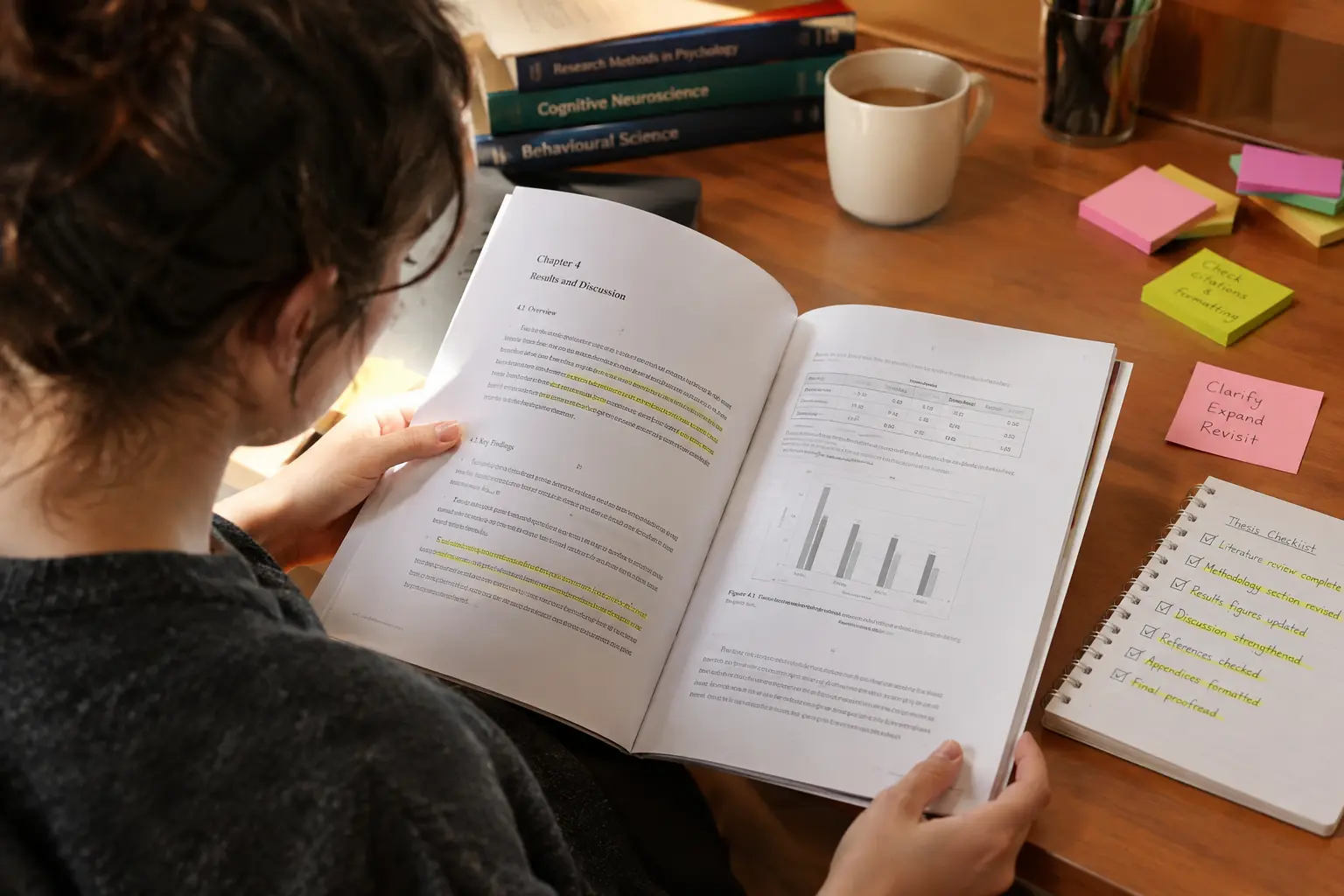 Estudante a rever a checklist de erros comuns antes de entregar a tese de Economia