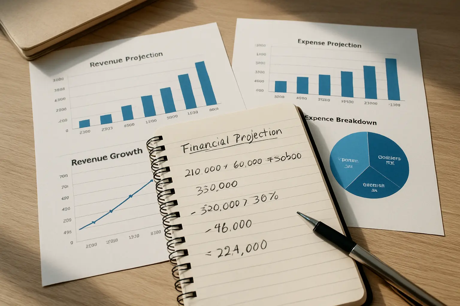 Gráficos de projeção financeira e caderno de anotações sobre uma mesa de estudo