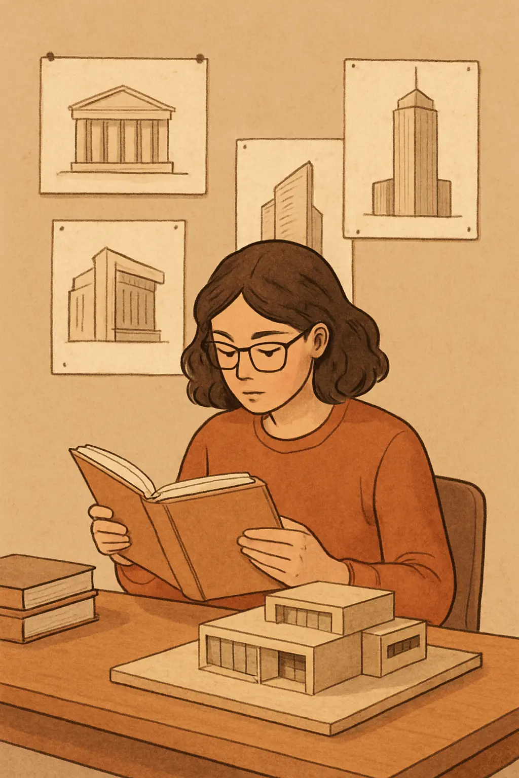 Estudante de arquitetura a ler livros de teoria junto a uma maqueta de projeto, com esquissos de referência na parede