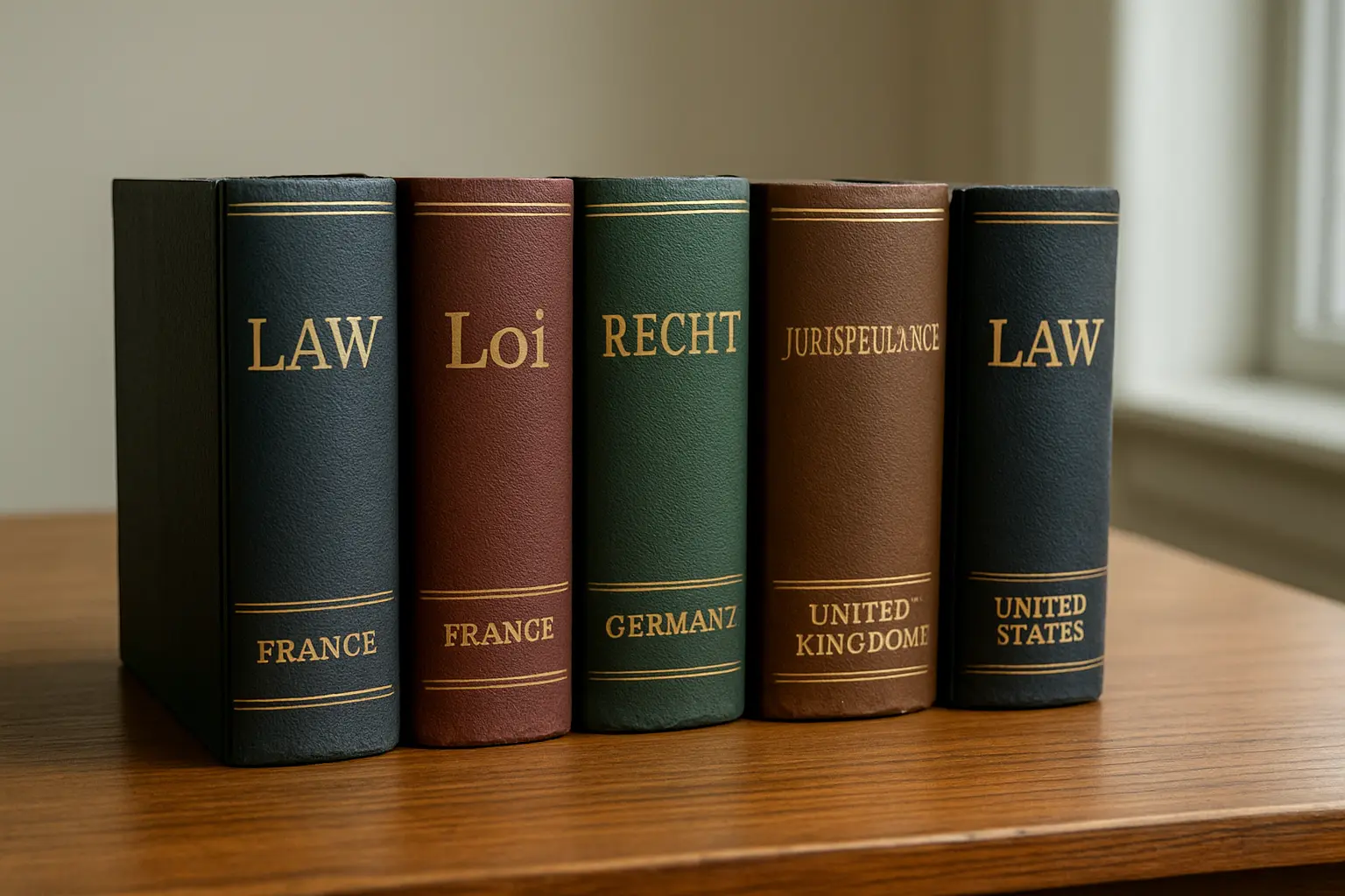 Livros de direito de diferentes países lado a lado numa mesa de estudo