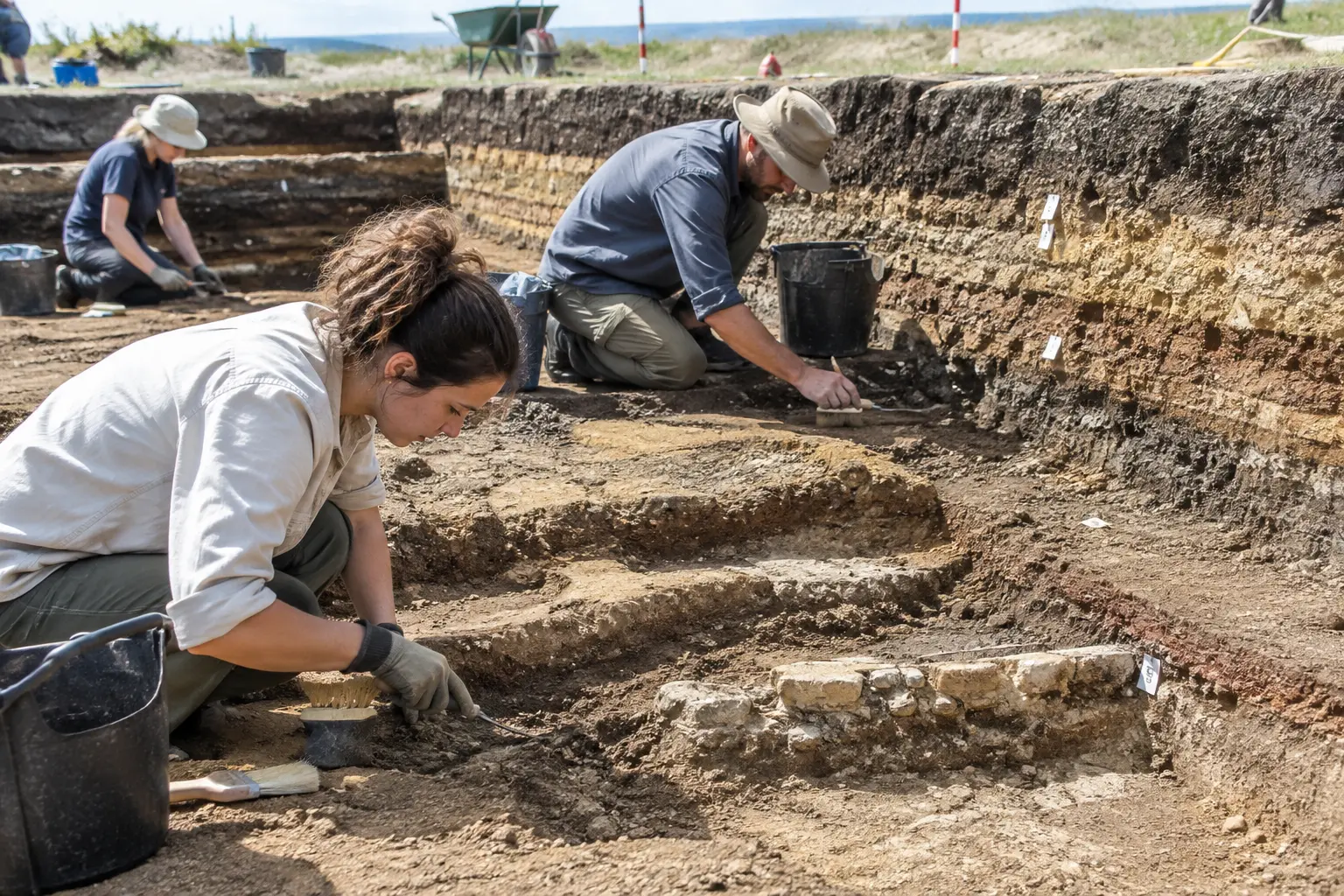 Arqueólogos a escavar cuidadosamente um sítio arqueológico com ferramentas de precisão
