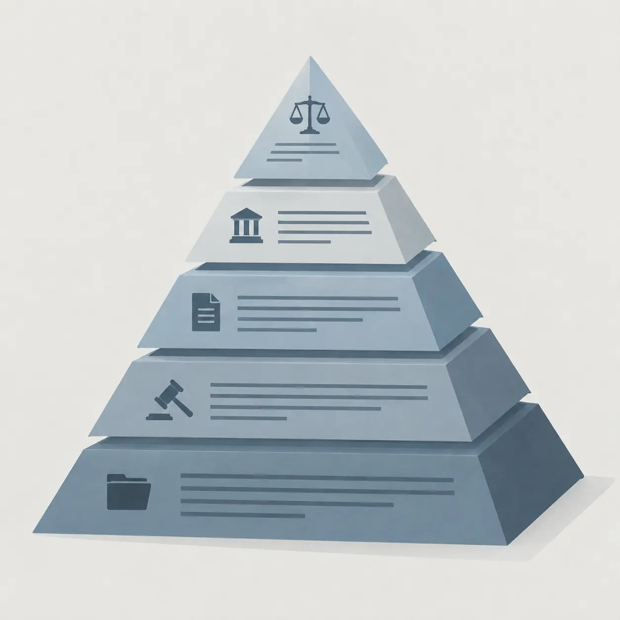 Ilustração conceptual da pirâmide normativa: normas jurídicas organizadas em camadas hierárquicas