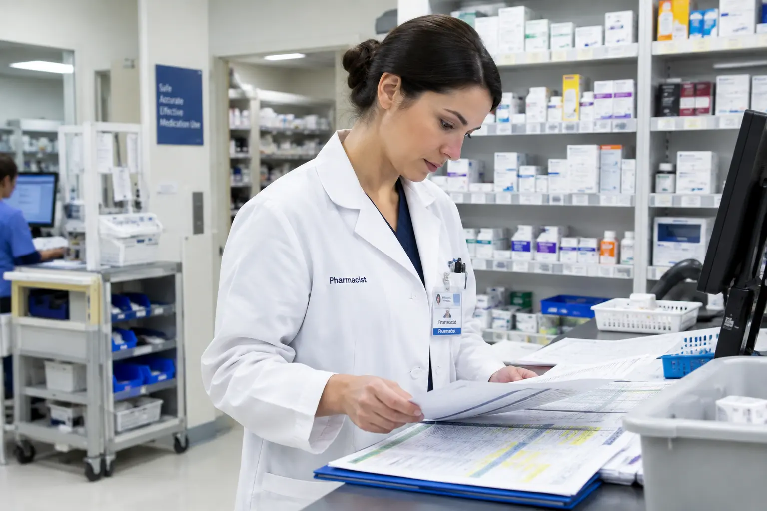 Farmacêutico hospitalar a rever prescrições médicas junto a um armário de medicamentos