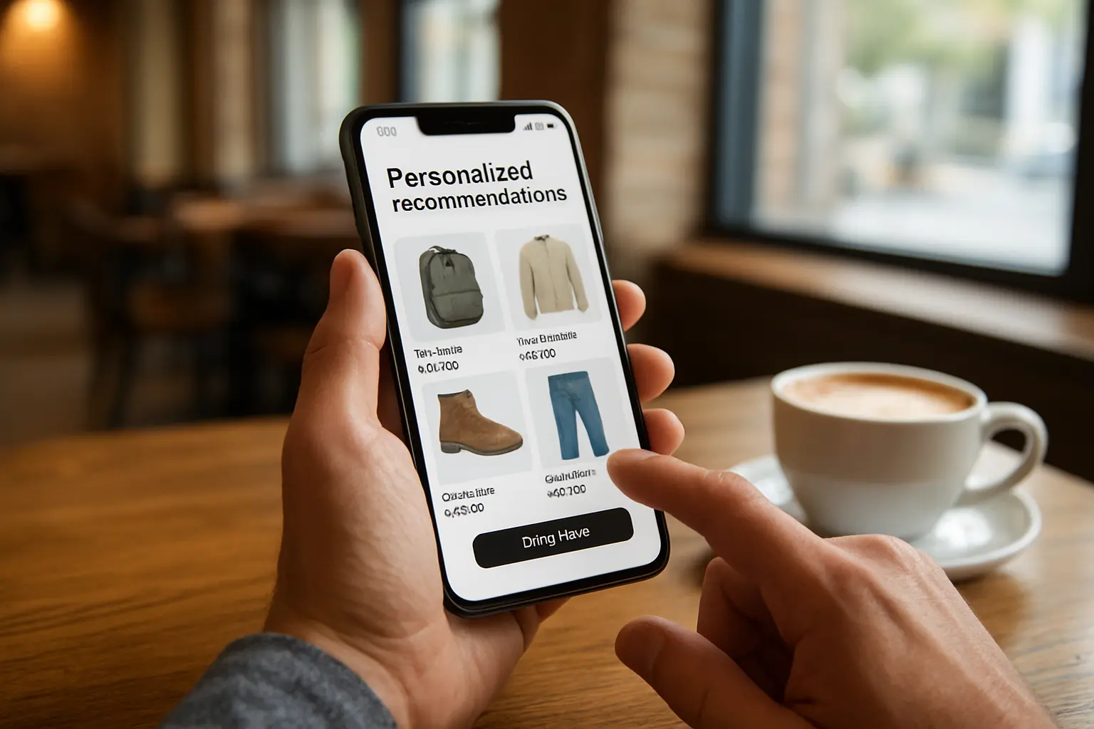 Consumidor a ver recomendações de produtos personalizadas por inteligência artificial no telemóvel