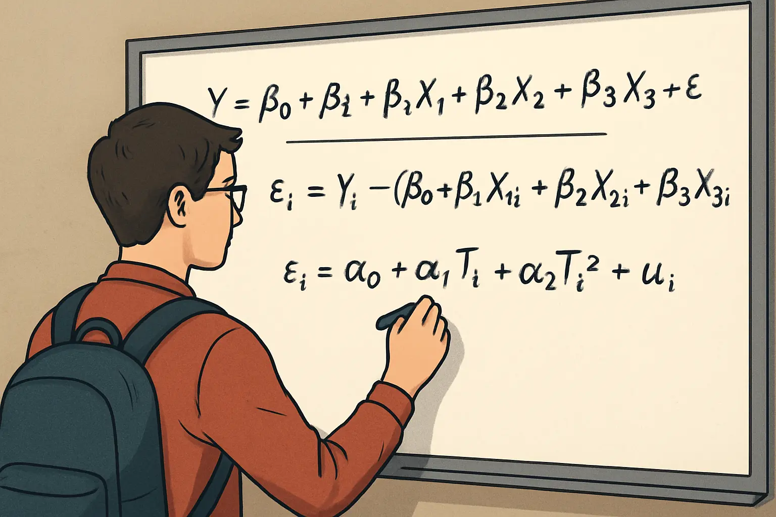 Estudante de Economia a escrever a especificação de um modelo econométrico num quadro branco com equações