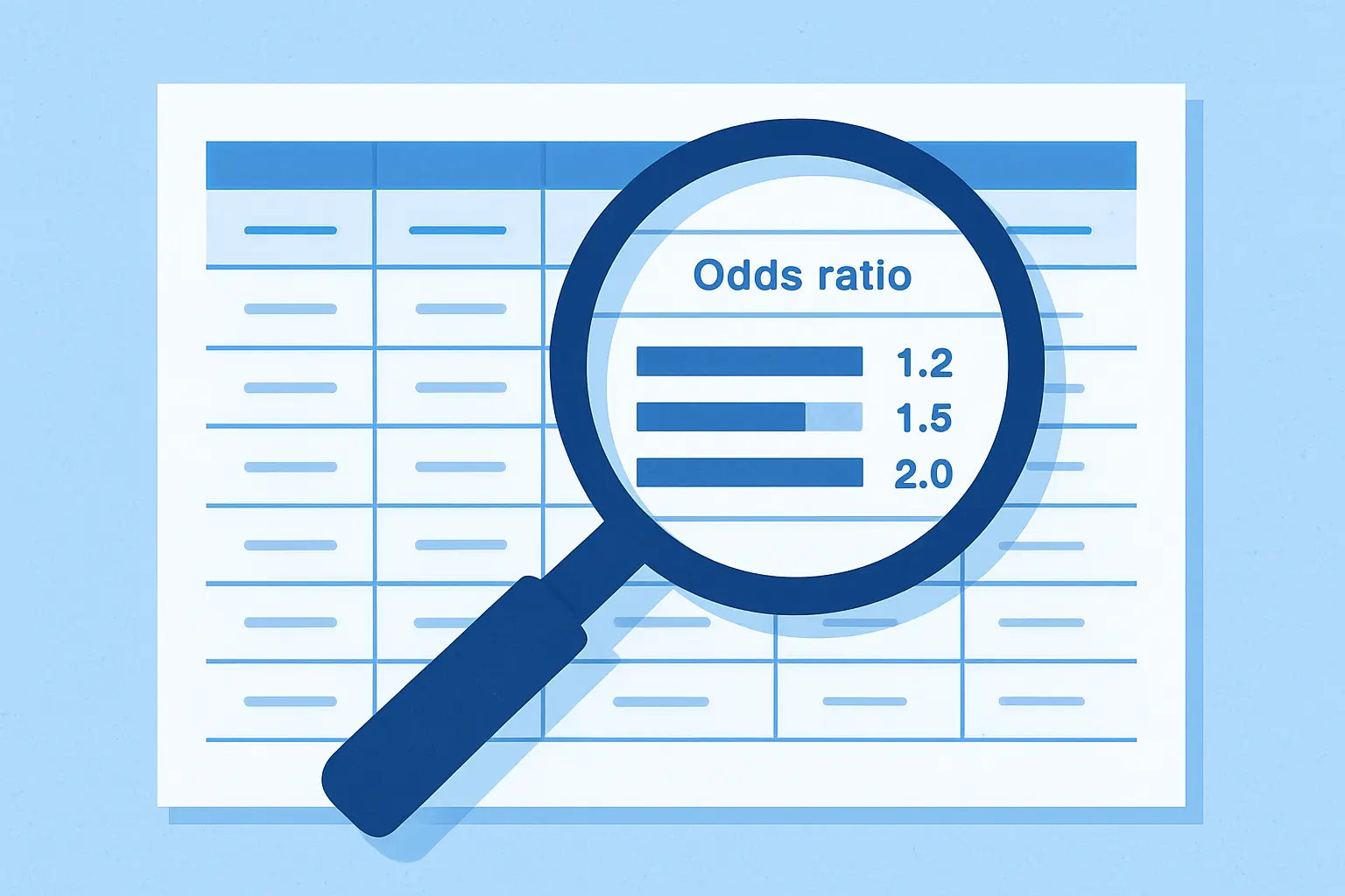 Tabela de dados clínicos com lupa sobre resultados de odds ratio