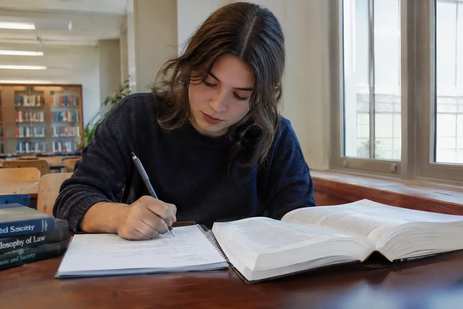 Estudante de Direito a construir o capítulo teórico da tese com base na teoria de Kelsen