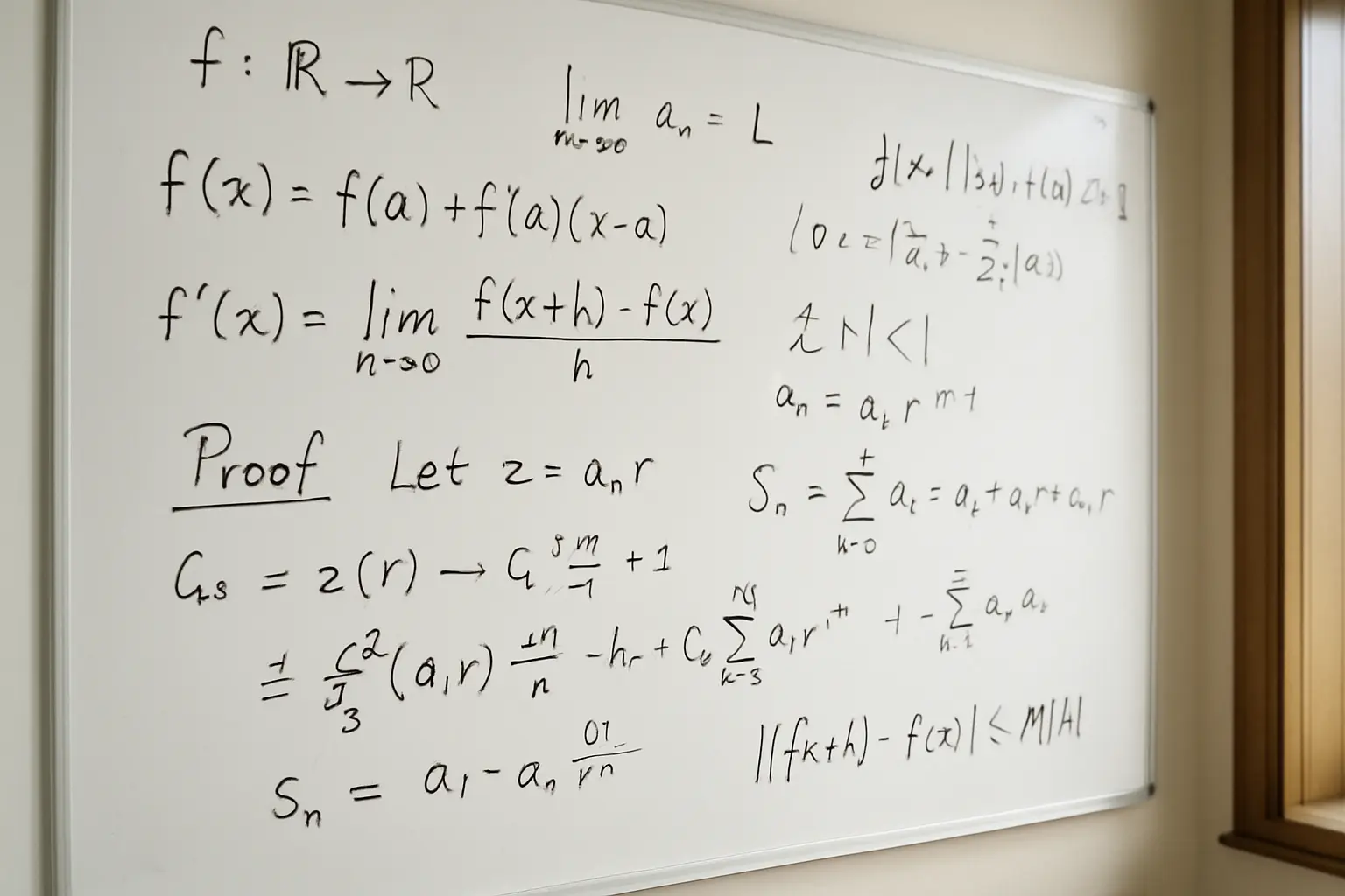 Quadro branco com equações e demonstrações matemáticas escritas à mão