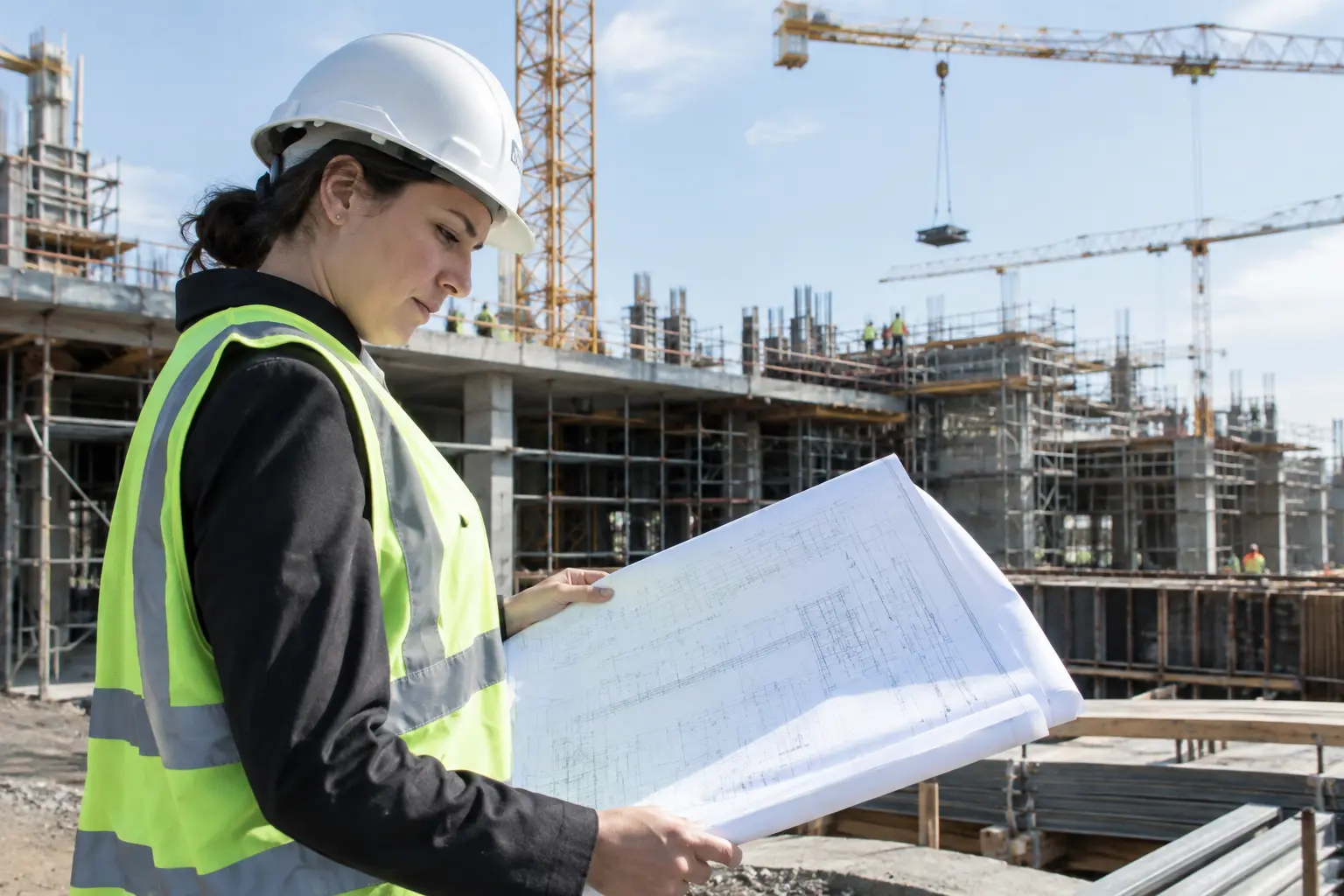Engenheiro civil com capacete a analisar plantas de projeto num estaleiro de construção
