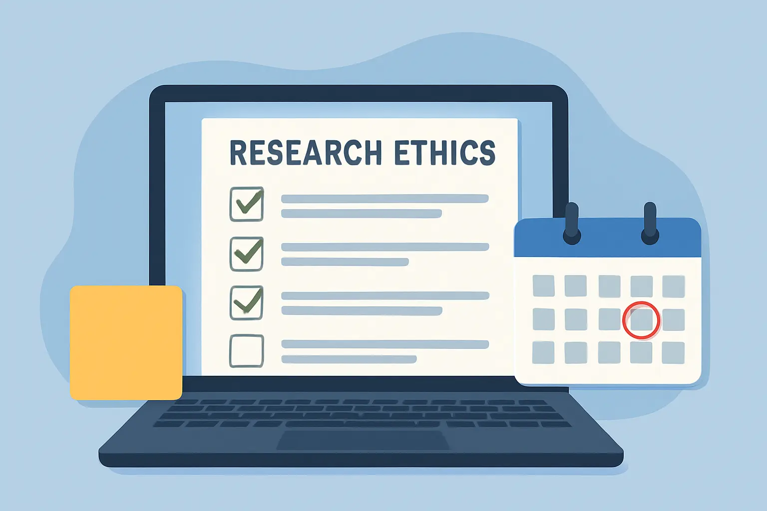 Tela de laptop com formulário de submissão de projeto de pesquisa ética, checklist e calendário de prazos