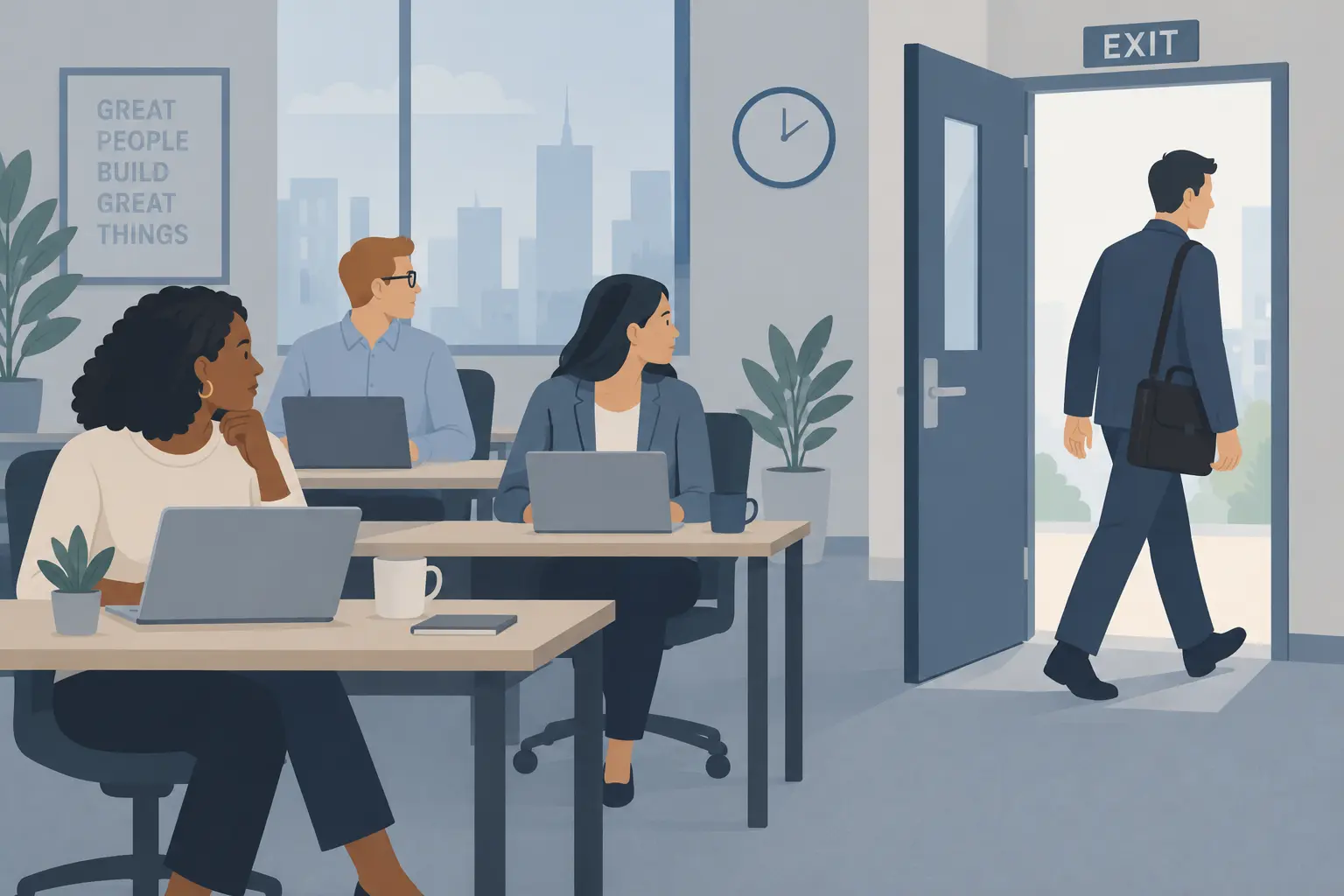 Ilustração de colaboradores num escritório, um deles a sair, representando o estudo da saída voluntária numa tese de Gestão de Recursos Humanos