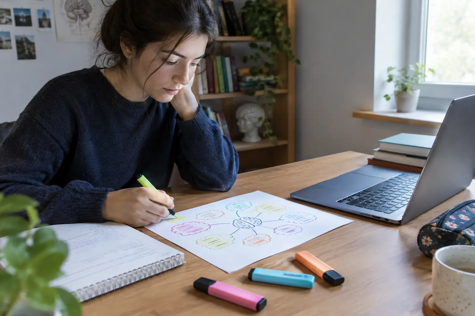 Estudante de psicologia a organizar conceitos num esquema desenhado à mão