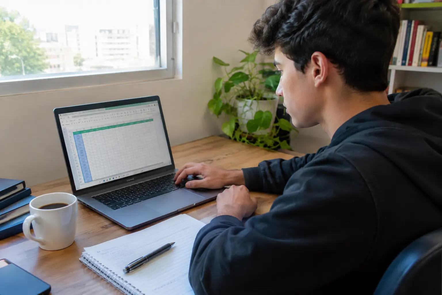 Estudante organizando respostas de um questionário em uma planilha no notebook