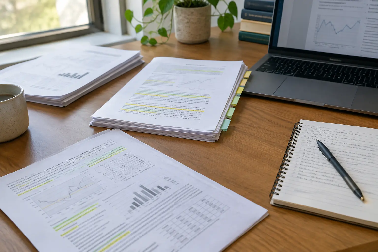 Mesa com working papers de economia impressos e anotados junto a um portátil