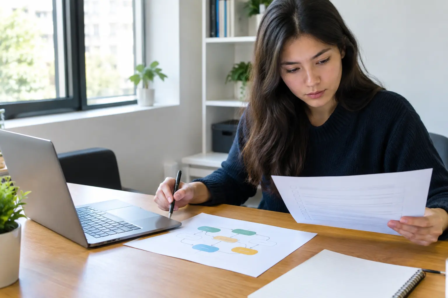 Estudante de gestão a conferir o questionário com o modelo conceptual impresso