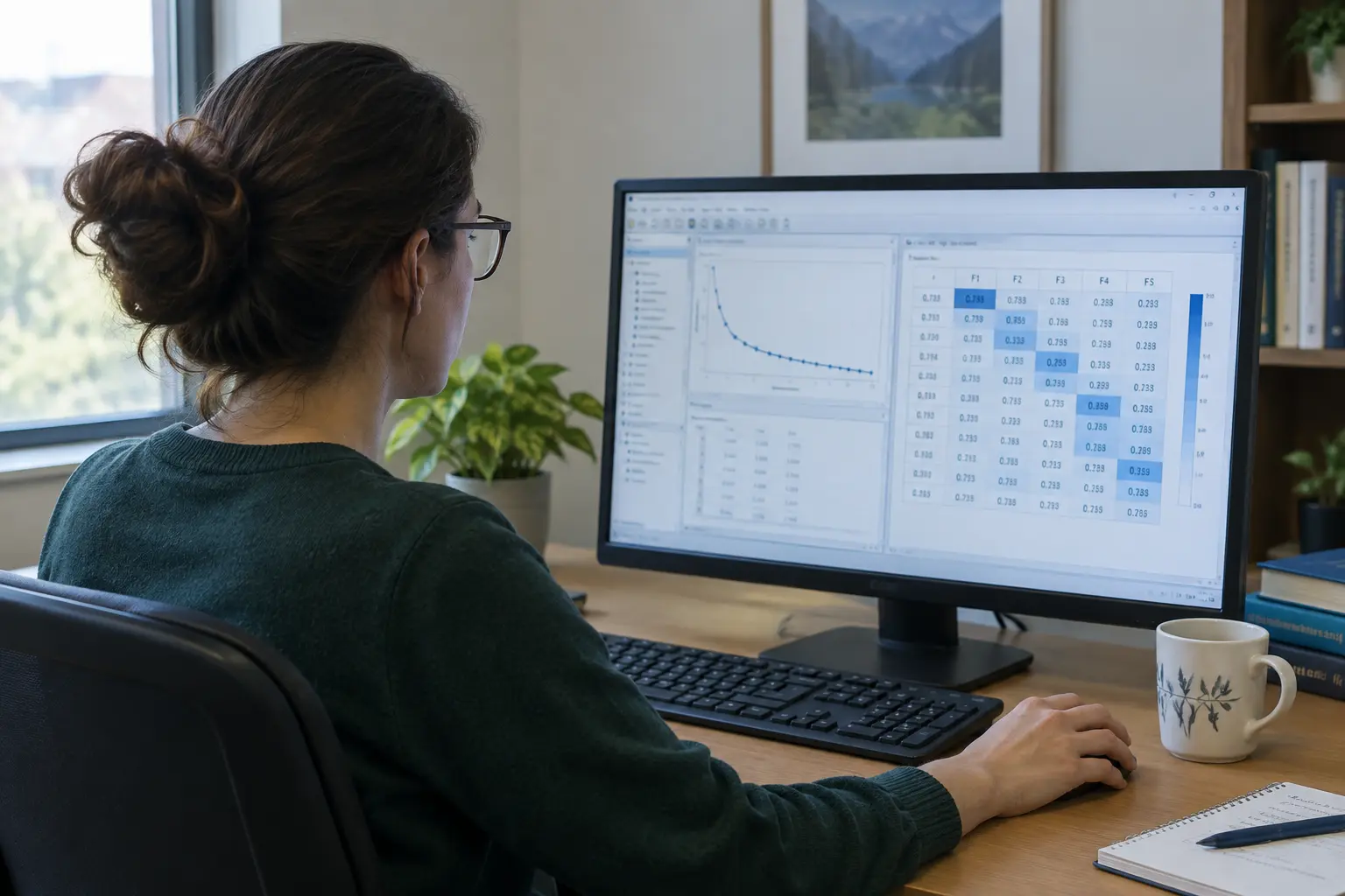Investigadora a analisar os dados de uma escala num computador