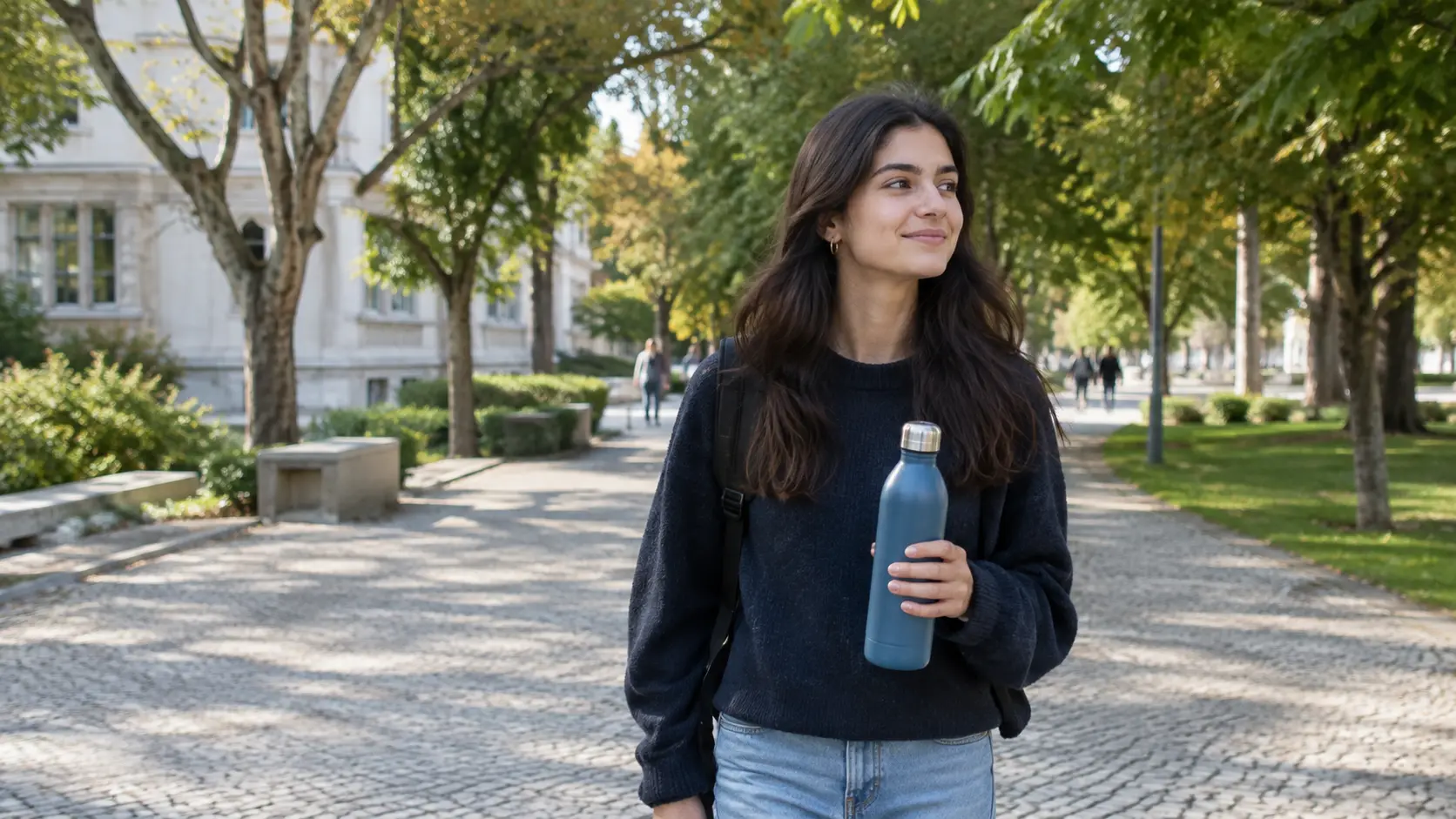 Estudante a fazer uma pausa de caminhada num campus universitário entre sessões de escrita