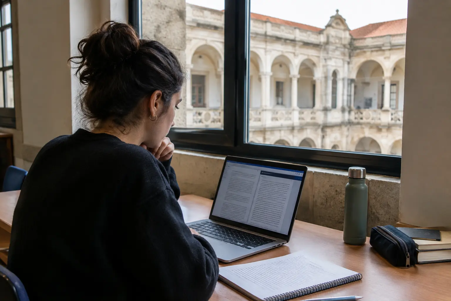 Estudante de mestrado a ler o regulamento académico num portátil