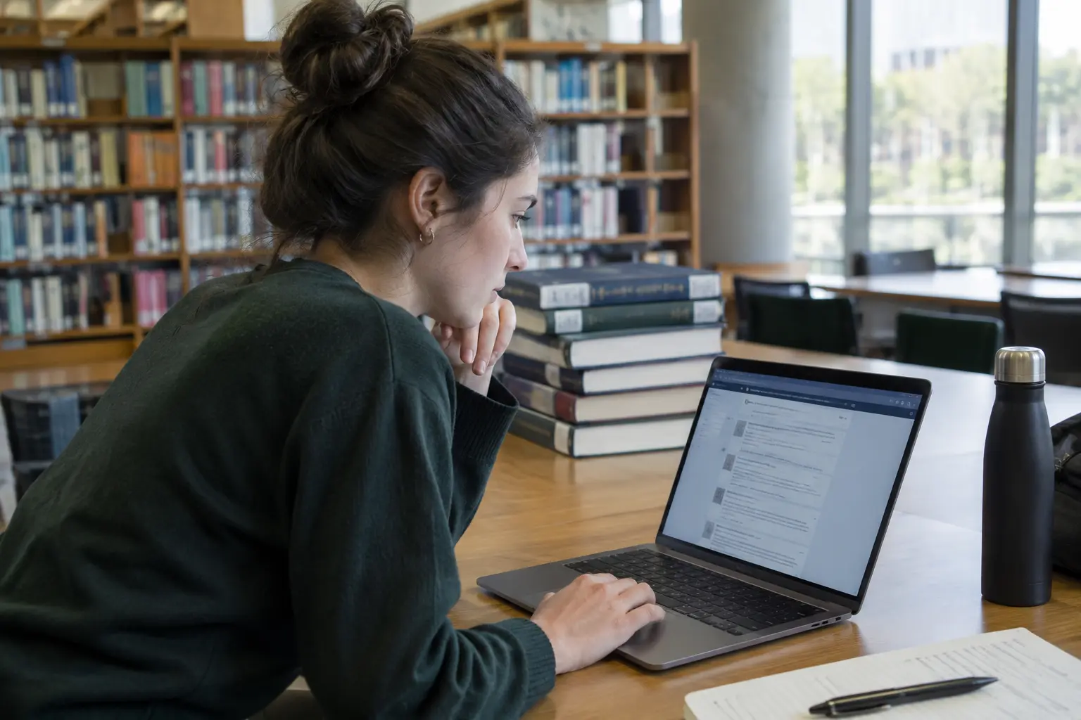 Estudante de economia a pesquisar artigos académicos num portátil numa biblioteca