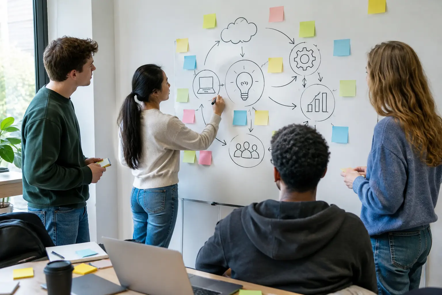 Grupo de estudantes a desenhar um esquema de conceitos e setas numa parede com notas autocolantes