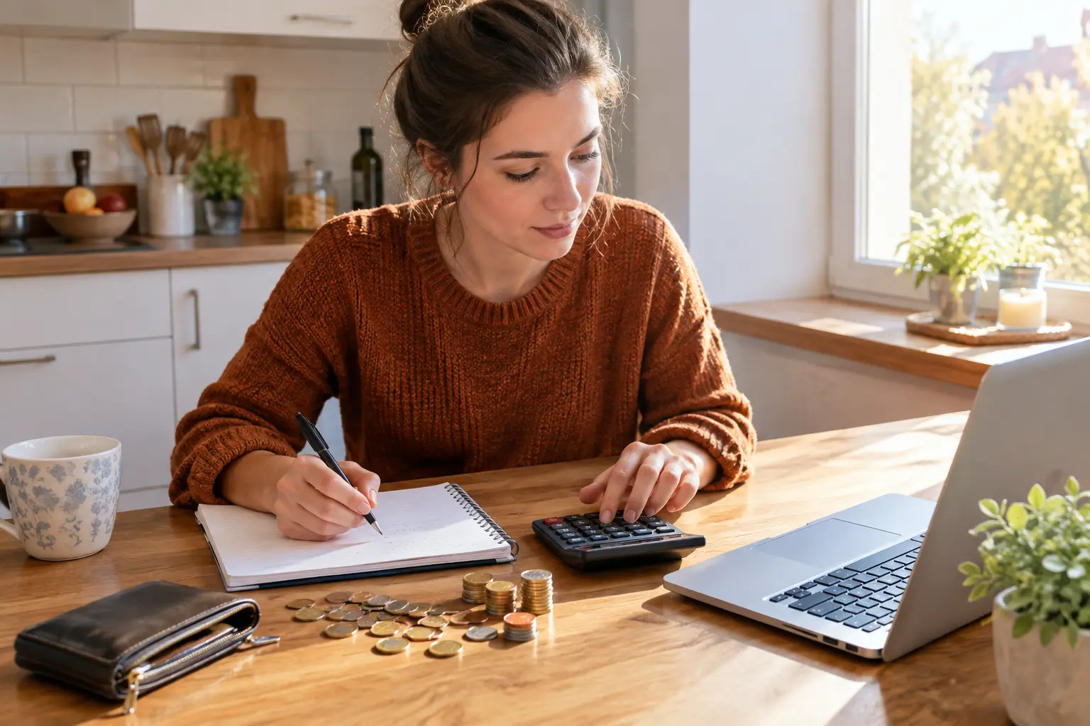 Jovem adulto a organizar o orçamento familiar numa mesa com calculadora e portátil