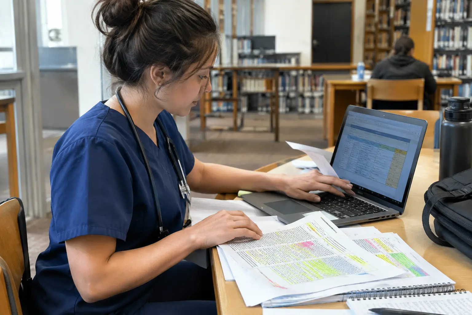 Estudante de enfermagem a organizar notas de teses lidas numa tabela