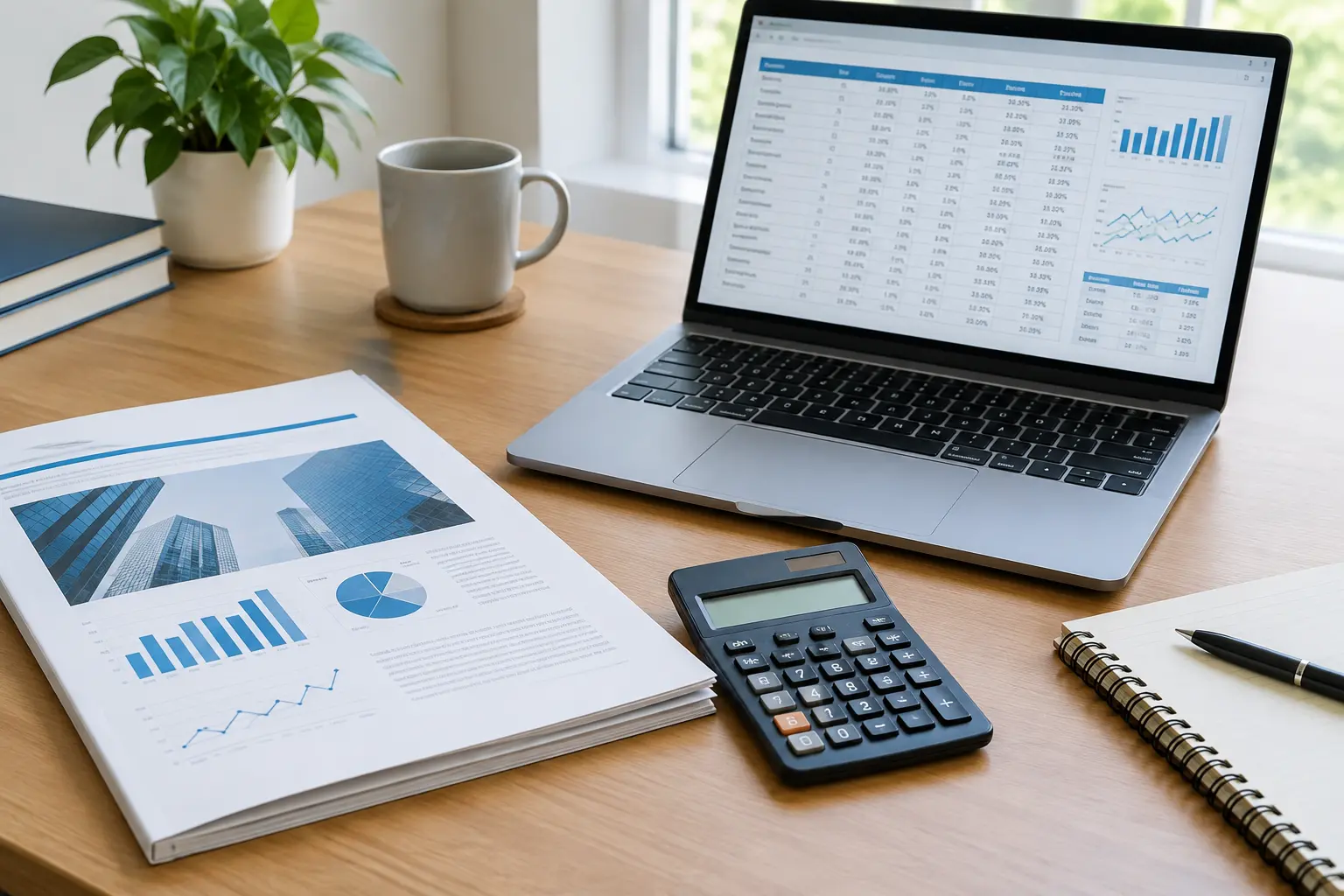 Mesa de trabalho com relatório e contas, calculadora e portátil com folha de cálculo de rácios