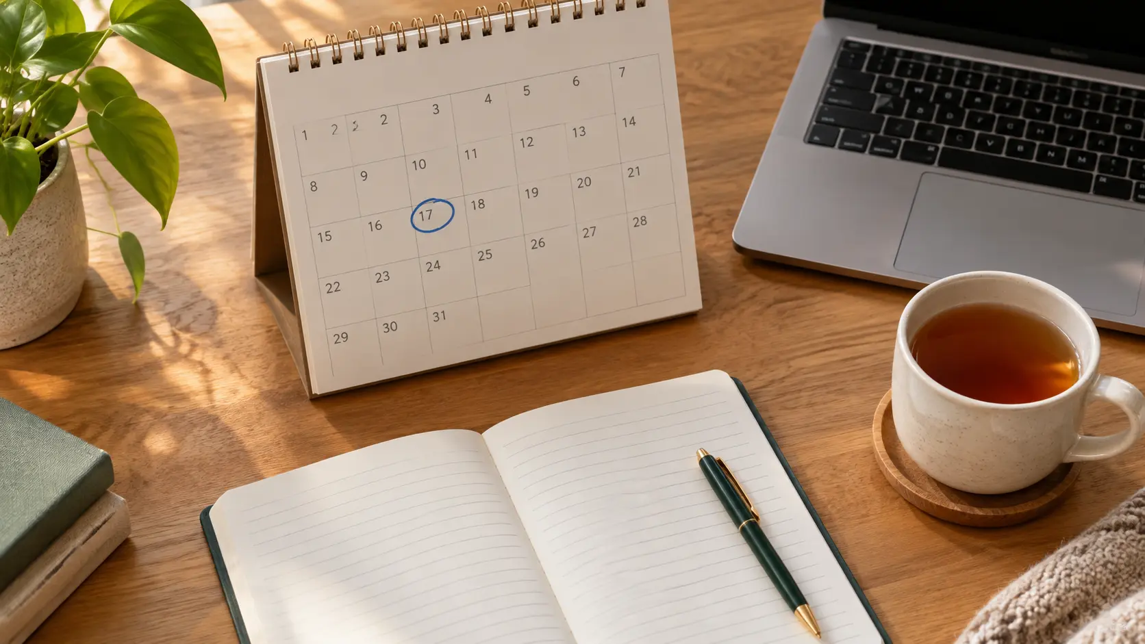 Calendário de secretária com a data de início assinalada ao lado de um caderno de planeamento da tese