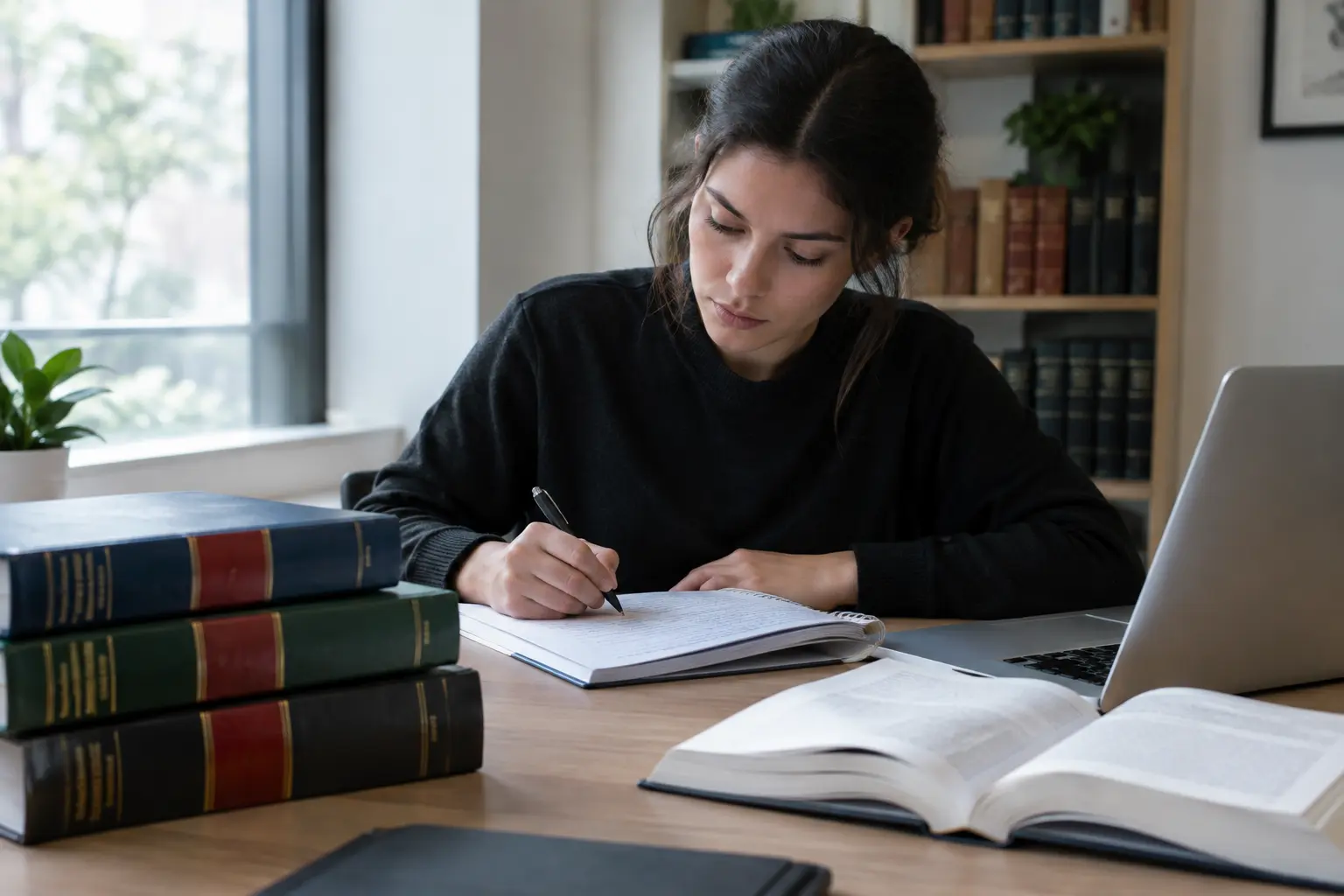 Estudante de direito a escrever notas numa mesa com códigos e um portátil