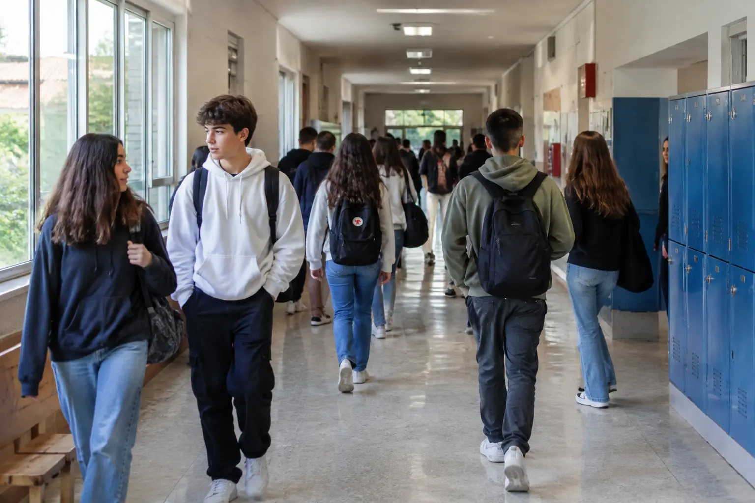 Alunos a caminhar num corredor de uma escola secundária