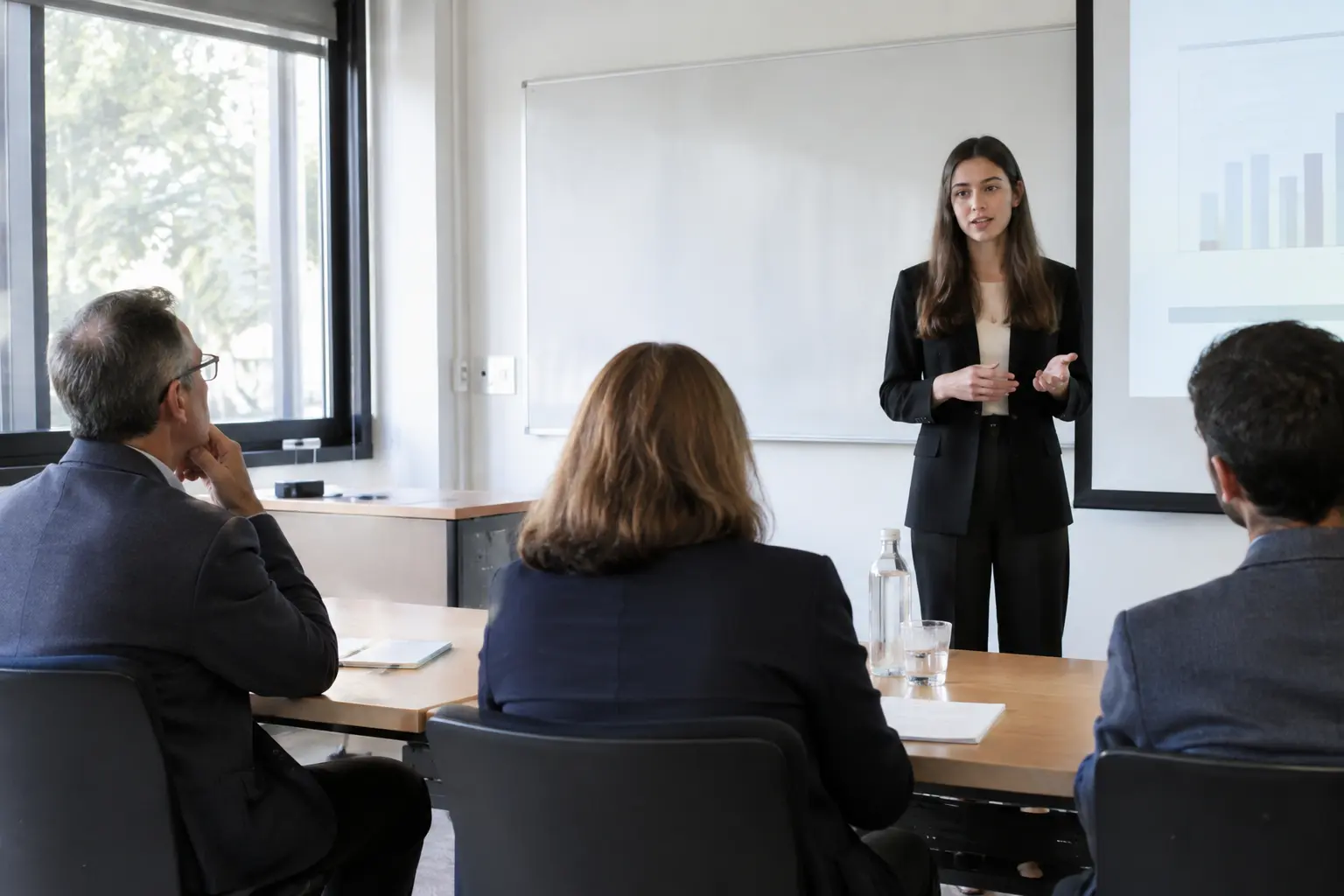 Estudante a apresentar a dissertação perante um júri de três elementos