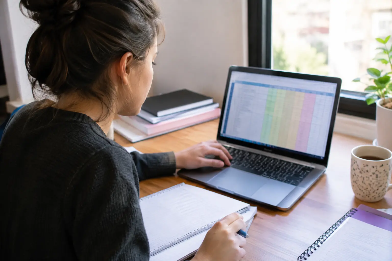 Estudante organizando as notas dos juízes em uma planilha no notebook