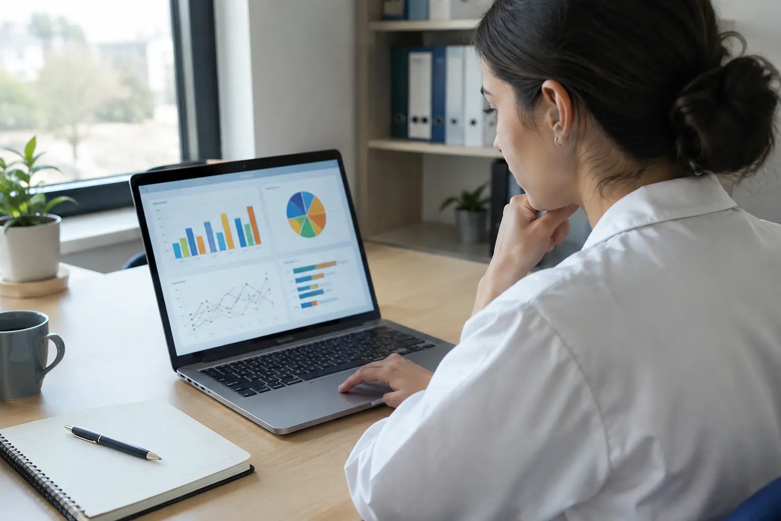Investigadora a analisar os resultados de um questionário de qualidade de vida num portátil