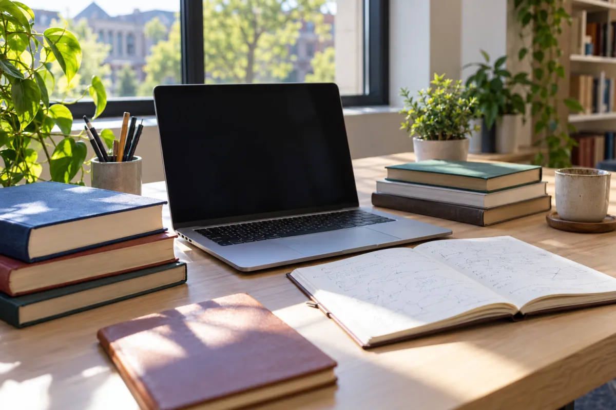 Corredor de biblioteca universitária com estantes de livros e mesa de leitura