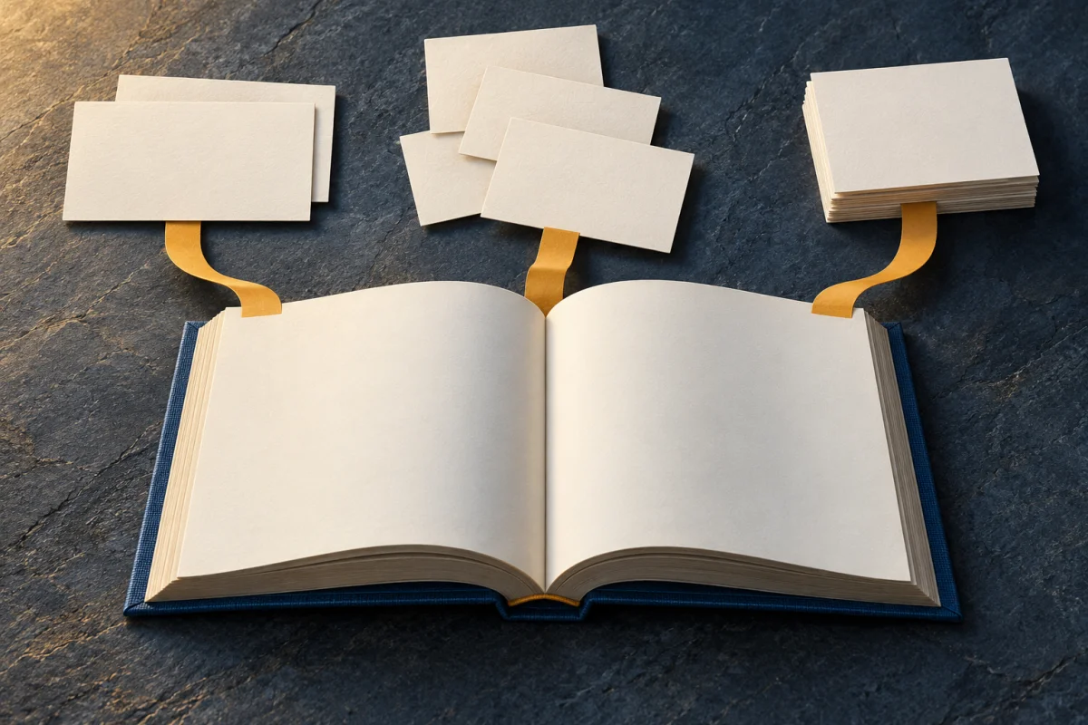 Ilustração conceptual: organizar fontes e referências a partir de um livro e cartões de investigação.