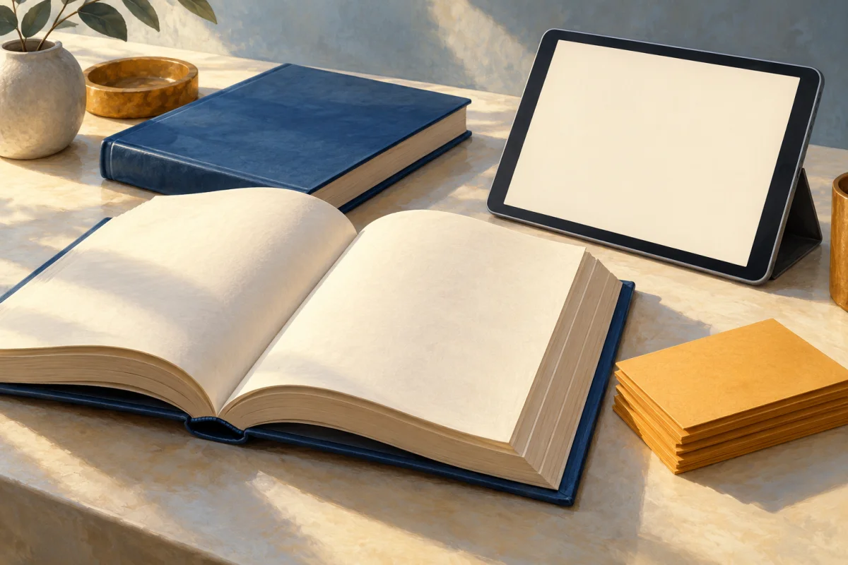 Ilustração conceptual: consultar livros e recursos digitais para verificar as fontes académicas.