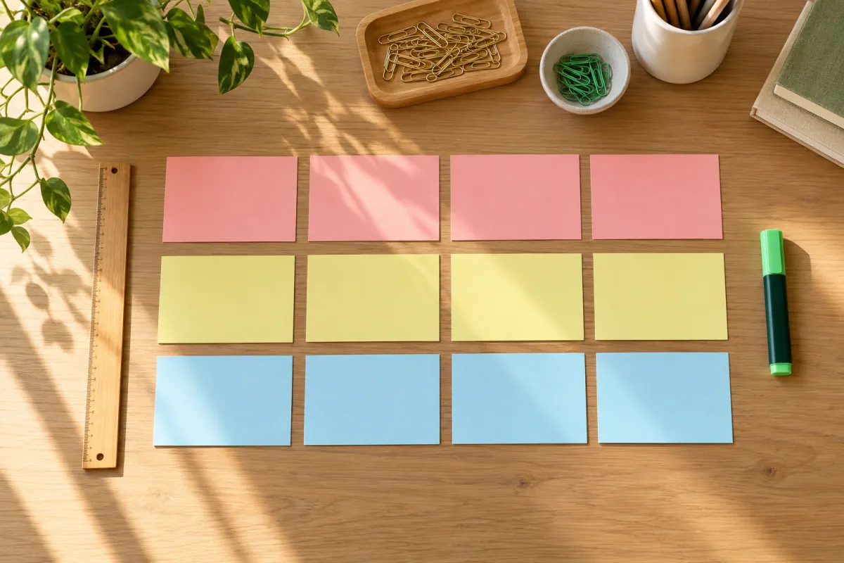 Fichas de arquivo em branco organizadas por cores numa secretária