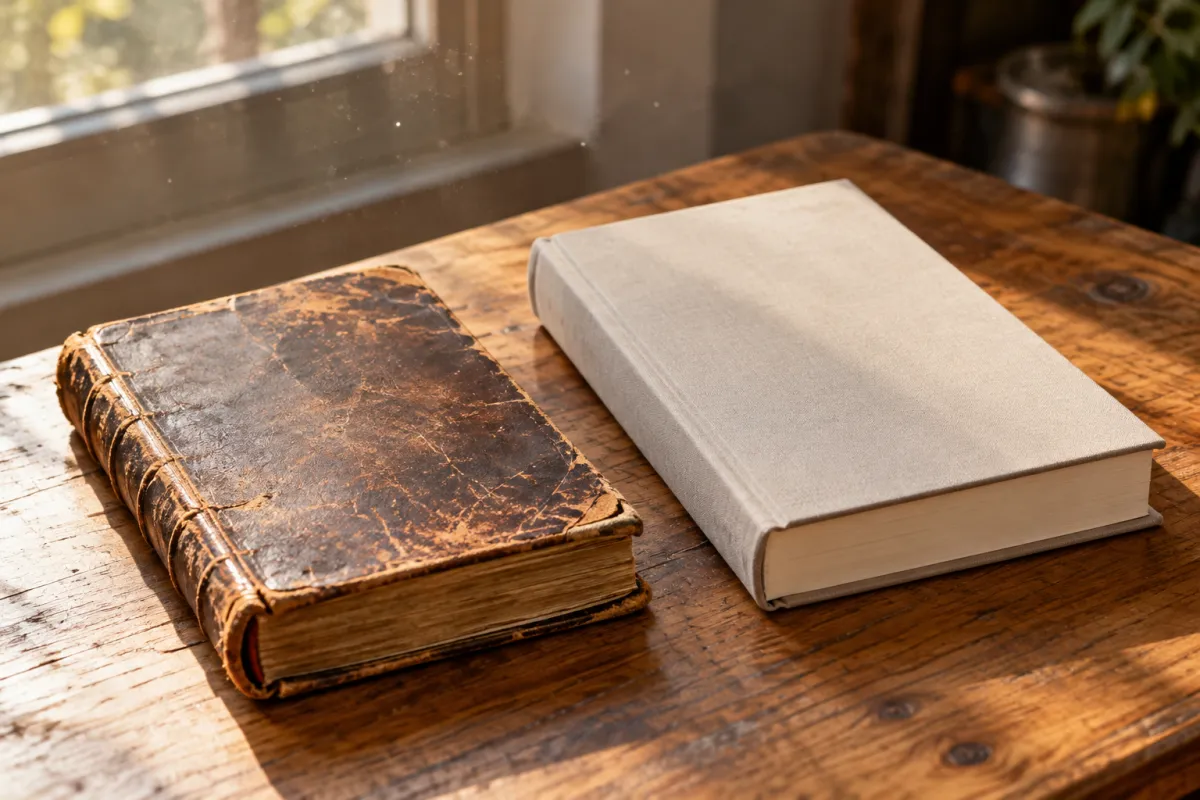 Livro antigo de capa de couro gasta ao lado de um livro moderno sobre uma mesa de madeira