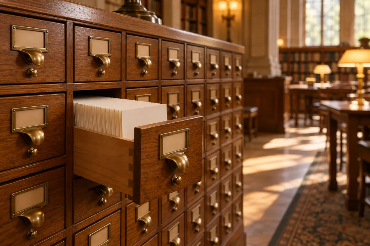 Gavetas de ficheiro de biblioteca universitária com uma gaveta aberta e fichas em branco