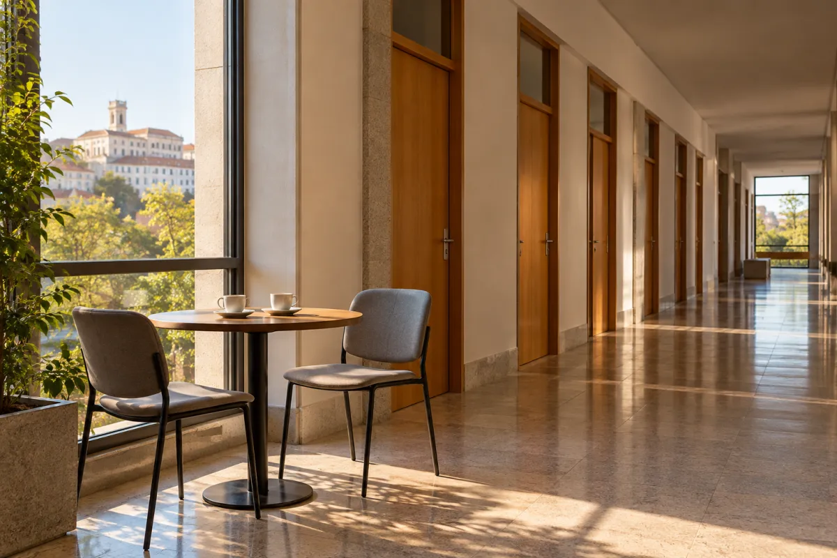 Corredor universitário com mesa de reunião e duas cadeiras vazias junto aos gabinetes dos docentes