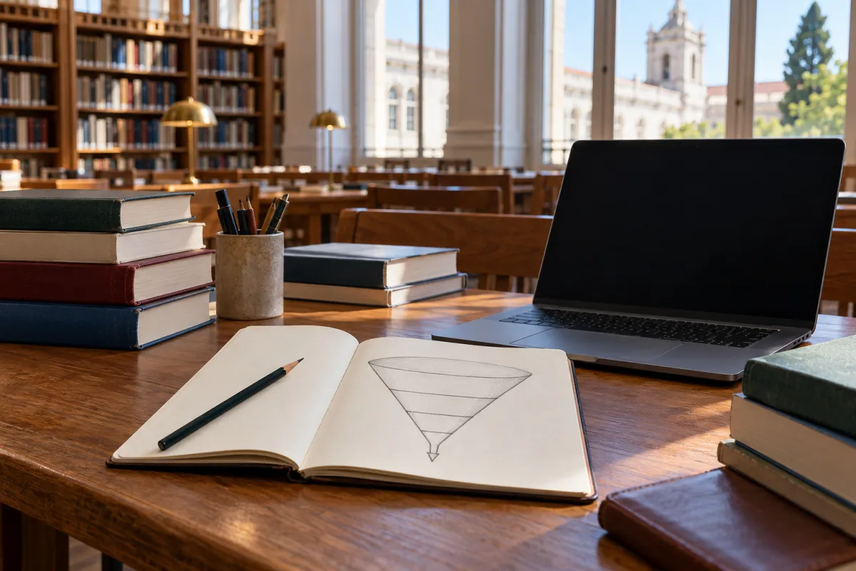 Estudante a planear a introdução da tese com uma estrutura em funil num caderno