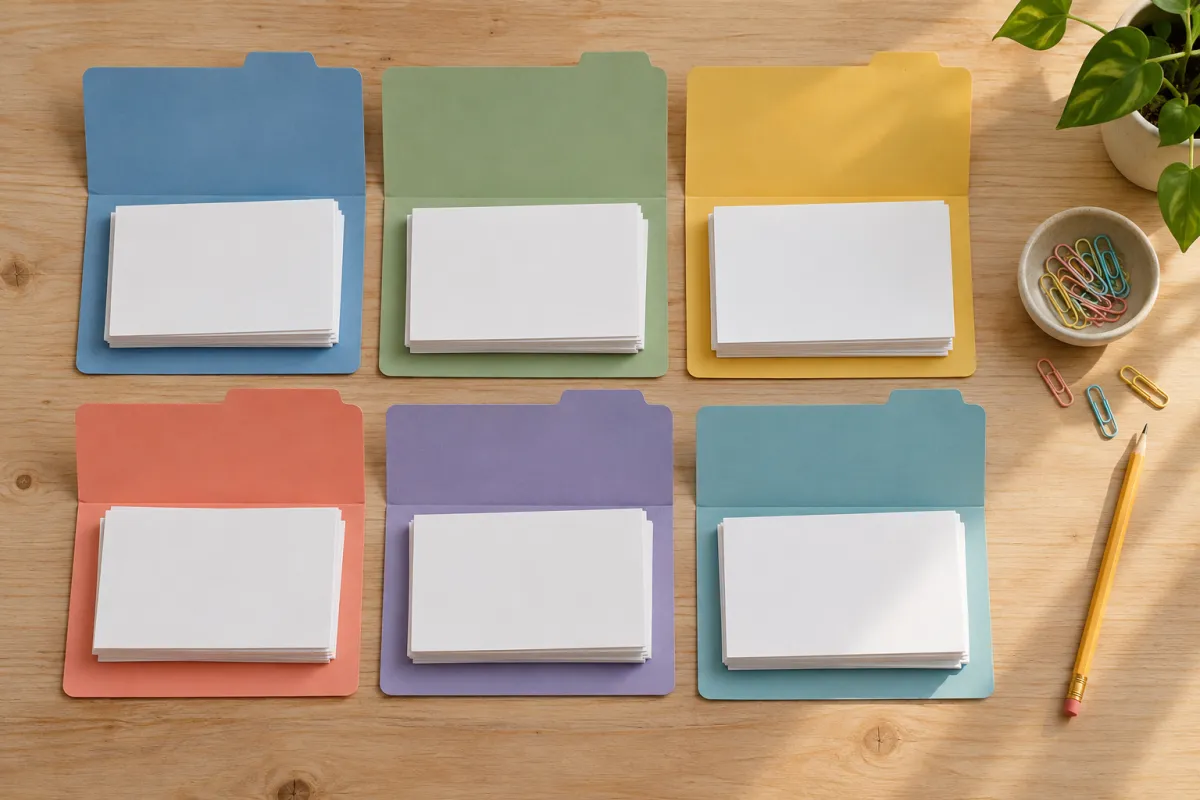 Fichas em branco separadas em pilhas dentro de pastas coloridas sobre uma mesa de madeira