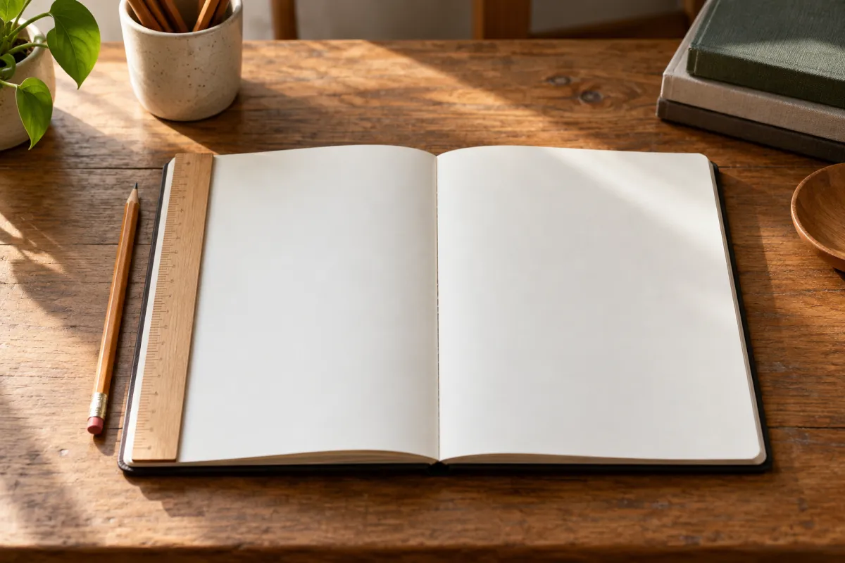 Caderno em branco com uma régua junto à margem esquerda, a sugerir o recuo de uma citação longa em bloco
