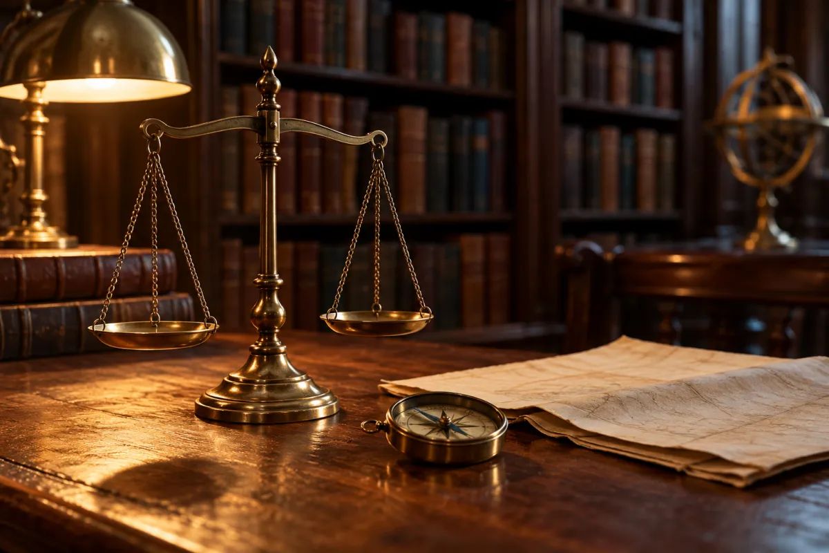 Balança de latão sobre mesa de biblioteca, a simbolizar a avaliação da pergunta com os critérios FINER