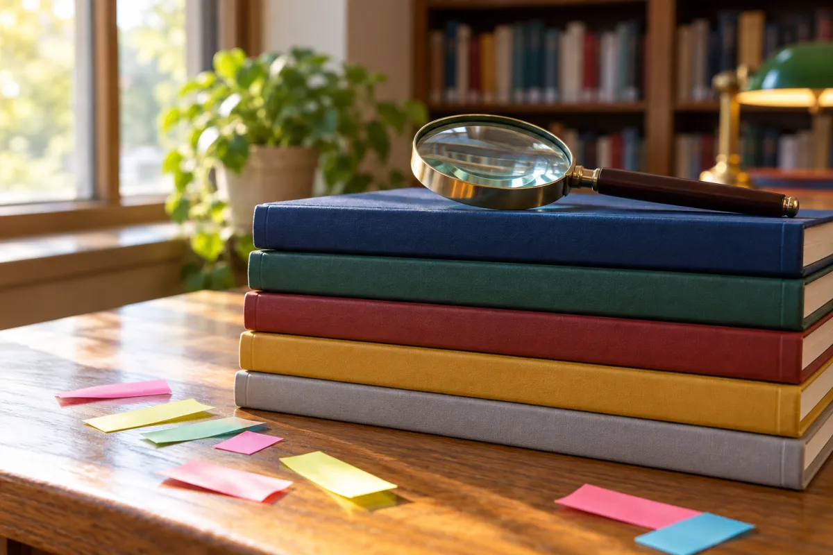Pilha de revistas científicas fechadas com uma lupa por cima, representando a revisão de literatura e a verificação de fontes