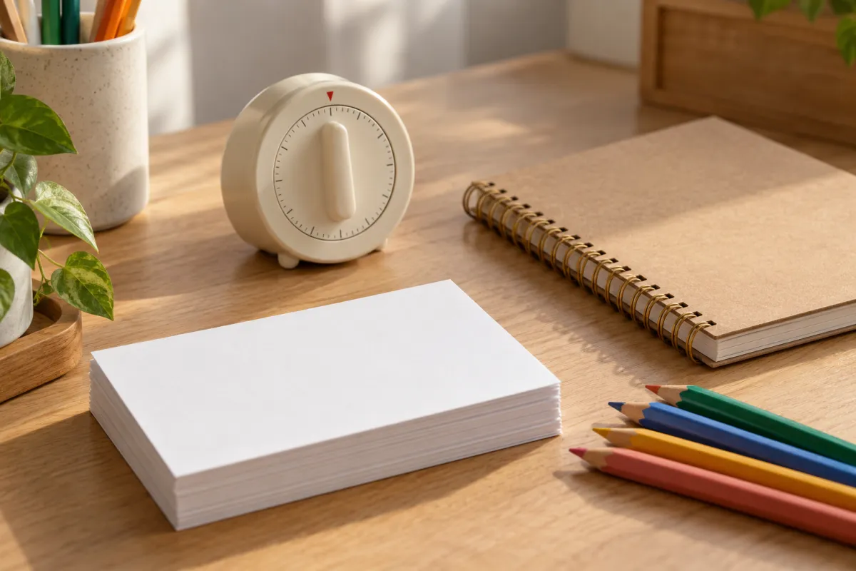 Mesa de estudo com cartões em branco, temporizador e caderno fechado