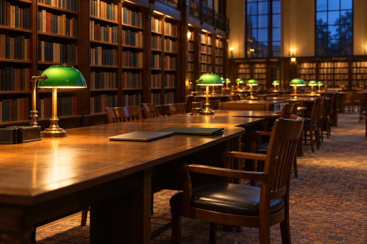 Sala de leitura de biblioteca universitária com mesas de madeira e candeeiros acesos