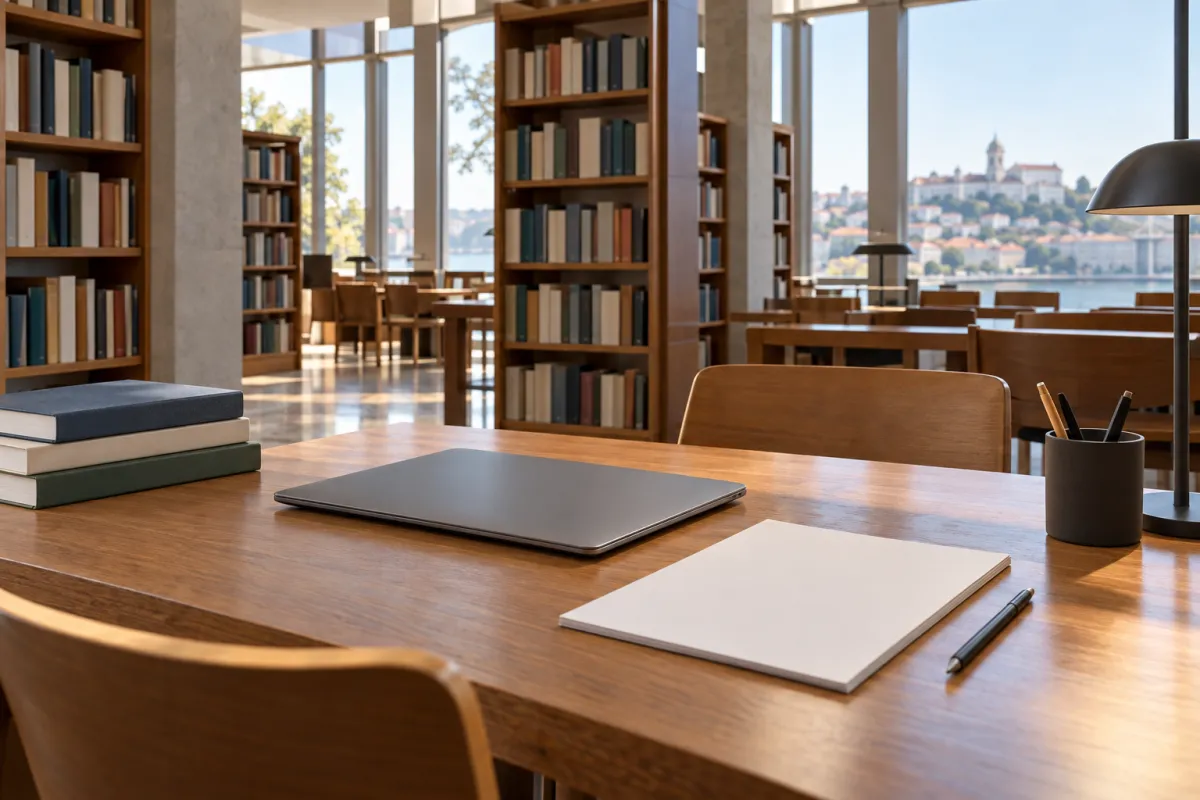 Estudante universitário a usar IA no portátil para escrever a tese numa biblioteca