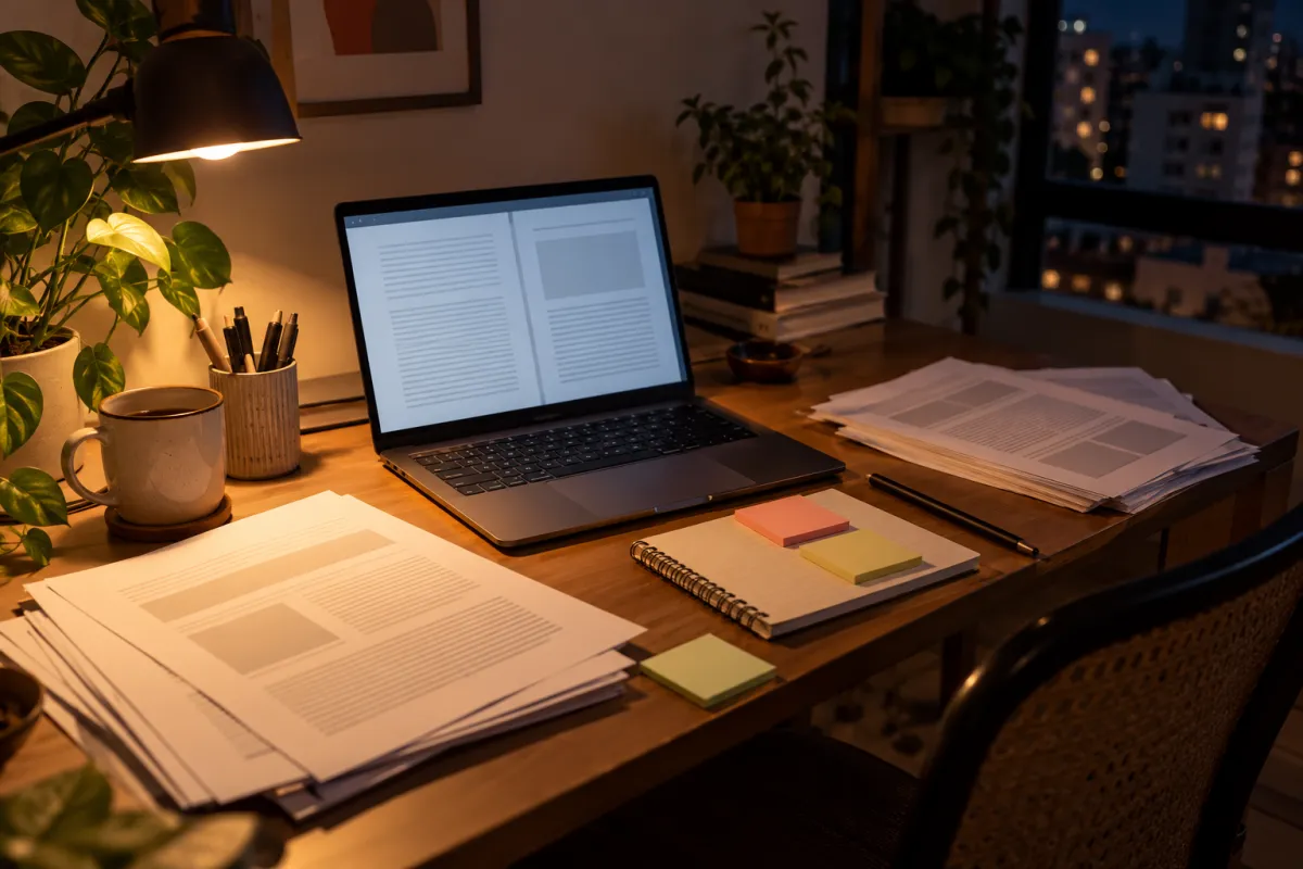 Estudante universitário usando IA para TCC no notebook à noite
